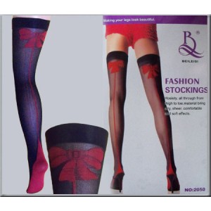Black Thigh High Lace Top Stockings With Red Bow Detail.