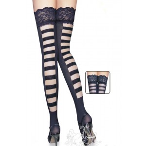 Black Thigh High Silicone Lace Top Stockings With Lace Ladder Rear Panel.