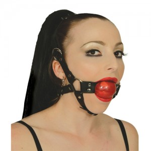 Soft Silicone Red Ball Gag With Black Adjustable Leather Head Strap.