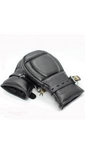 Black Leather Hand Mitts With Lockable Straps.