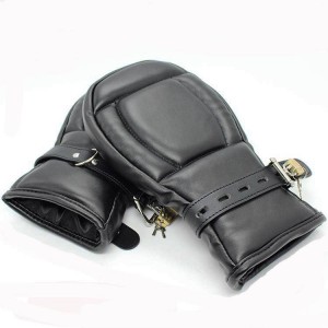 Black Leather Hand Mitts With Lockable Straps.