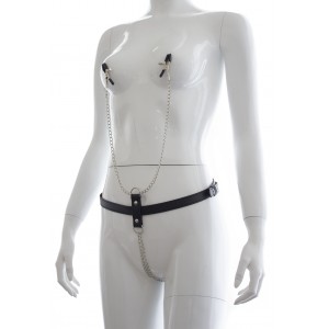Black  Leather Harness With Adjustable Nipple Clamps and Chain Crotch Strap.