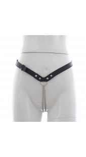 Black Leather Waist Belt With Adjustable Chain Crotch Strap.