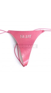 Pink Leather SLUT Thong With Adjustable Stretch Thong Straps.
