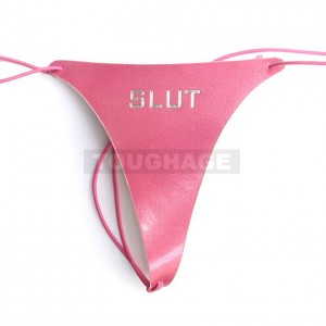 Pink Leather SLUT Thong With Adjustable Stretch Thong Straps.