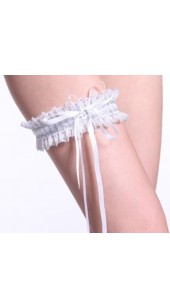 White Stretch Satin and Lace Garter With Rhinestone Detail.