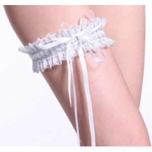 White Stretch Satin and Lace Garter With Rhinestone Detail.
