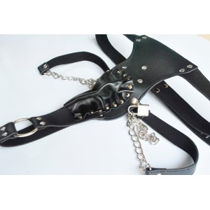 Men's Black Leather Chastity Bondage Suit With Chains.