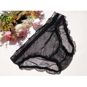 Pink or Black Stretch Ruffle Mesh and Lace Briefs With Front Pouch.