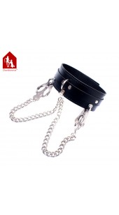 Black or Red Leather Submission Collar With Adjustable Wicked Japanese Clover Nipple Clamps. .