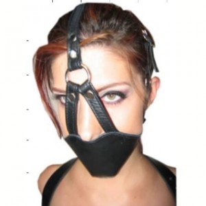 Black Leather Head Gear With Built In Red Silicone Ball Gag.