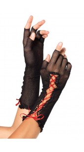 Black Fingerless Fishnet Gloves with Lace-Up Detail In Two Colors - Black - Red.