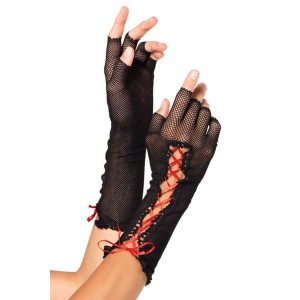 Black Fingerless Fishnet Gloves with Lace-Up Detail In Two Colors - Black - Red.