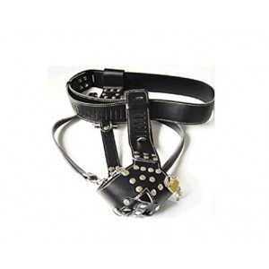 Men's Black Leather Chastity Belt With Cock Rings.