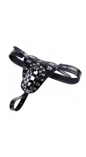 Black Leather Thong With Locking Front Cage and Adjustable Crotch Strap.