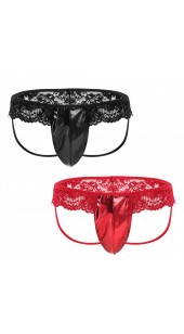 Lace G-String With Shiny Spandex Pouch in Red and Black in a Range of Sizes.