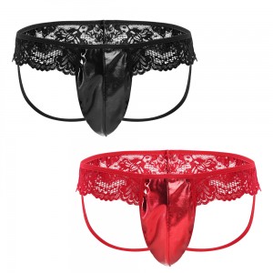 Lace G-String With Shiny Spandex Pouch in Red and Black in a Range of Sizes.