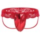 Lace G-String With Shiny Spandex Pouch in Red and Black in a Range of Sizes.