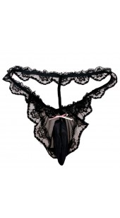 Black Lace G-String With Penis Pouch and Pink Ribbon in a Range of Size's.