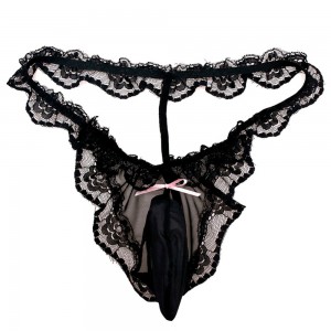 Black Lace G-String With Penis Pouch and Pink Ribbon in a Range of Size's.