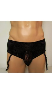 Candy Cherries Black Lace and Satin Brief's With Front Pouch and Garter Clip's.