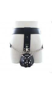 Men's Black Studded Leather Chastity Bondage Suit With Chains.