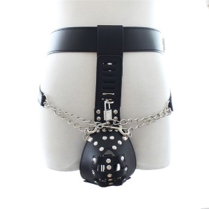 Men's Black Studded Leather Chastity Bondage Suit With Chains.