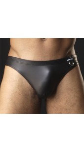 Black Pleather Thong With Front O Ring Detail in Three Sizes.