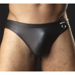 Black Pleather Thong With Front O Ring Detail in Three Sizes.