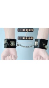 Black Leather Wrist Restrains With Linking Chain and Locks.