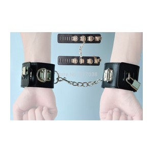 Black Leather Wrist Restrains With Linking Chain and Locks.