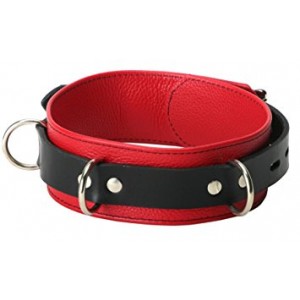 Red and Black Leather Collar With Heavy Duty Chain Lead.