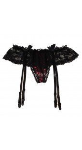 Black Sheer Lace Garter Belt With Shiny Red Dot Thong.