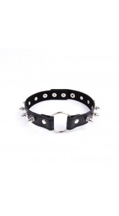 Black Leather Bondage Choker Collar With O Ring and Spikes.