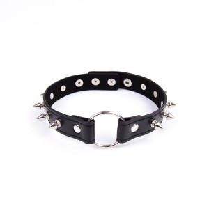 Black Leather Bondage Choker Collar With O Ring and Spikes.