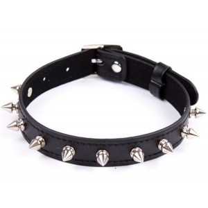 Black Leather Bondage Choker Collar With Spikes.