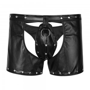 Black Stretch Super Soft Pleather Boxer's With Removable Front Penis Pouch Thong and Open Back.