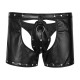 Black Stretch Super Soft Pleather Boxer's With Removable Front Penis Pouch Thong and Open Back.