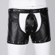 Black Stretch Super Soft Pleather Boxer's With Removable Front Penis Pouch Thong and Open Back.