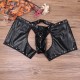 Black Stretch Super Soft Pleather Boxer's With Removable Front Penis Pouch Thong and Open Back.