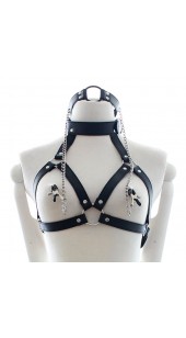 PU Leather O Ring Gag With Nipple clamps and Harness Bra.