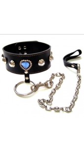 Leather Collar With Stud and Stone Detail And Chain Lead