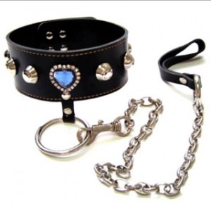 Leather Collar With Stud and Stone Detail And Chain Lead