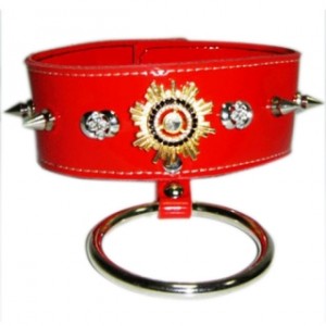 Red Leather Collar with Red and Gold detail with Chain Lead.