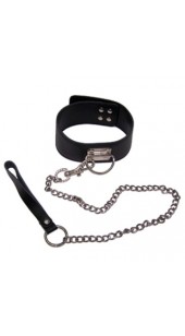 Black Leather Collar with D Ring and Chain Lead.