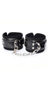 Black Leather Wrist Cuffs With Linking Chain.