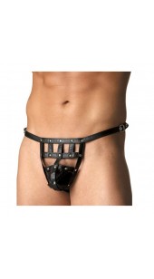 Black Pvc Front Cage Thong With Steel Stud Detail.