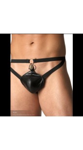 Black Pleather Front Pouch Thong With Steel Rings.