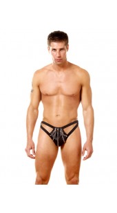 Black Pleather Thong With Stud and Cain Detail.