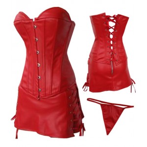 Red Pleather Corset and Skirt in sizes Small to 6XL.